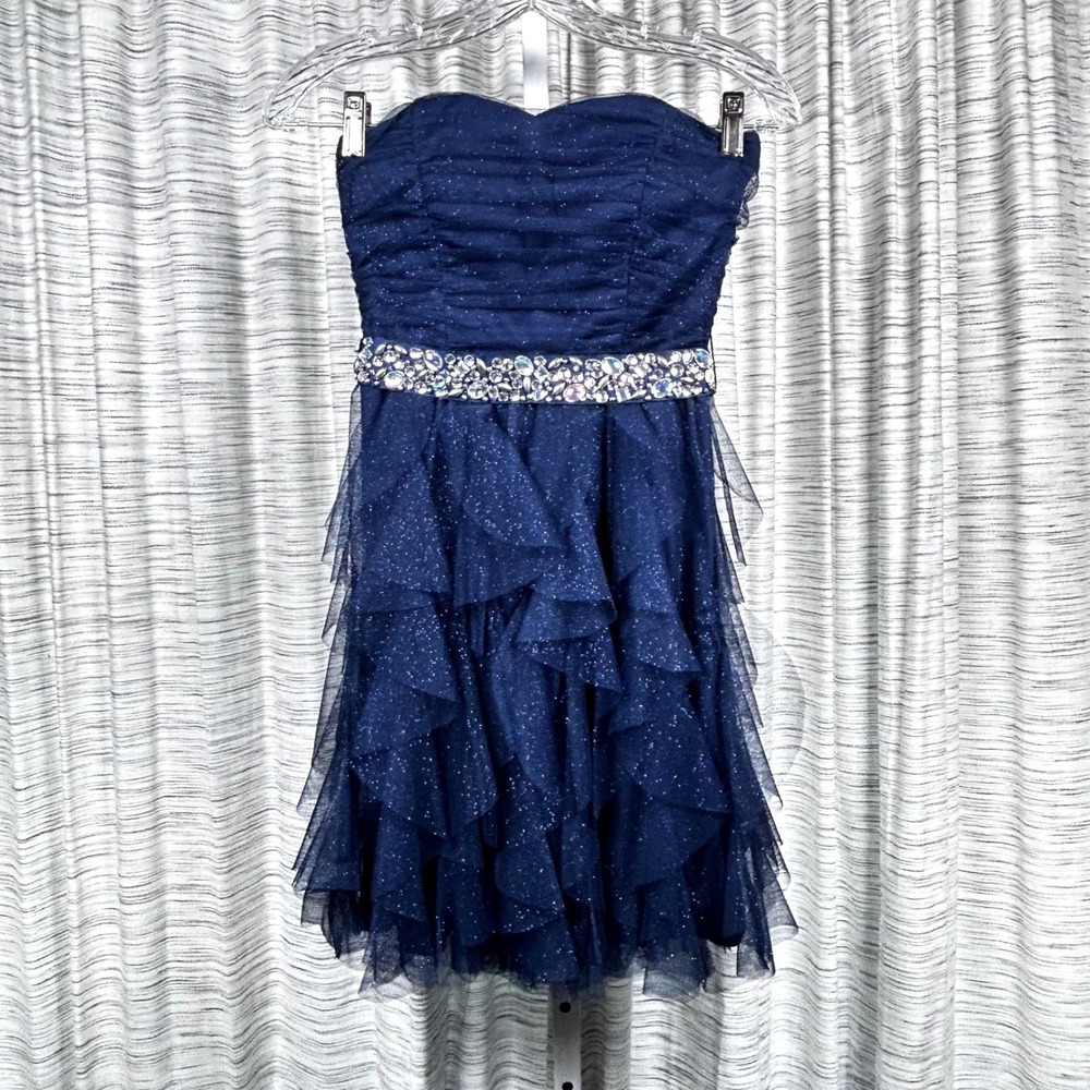 Teeze Me Navy Blue Glitter Tulle Strapless Ruffle Party Dress Rhinestone Belt 3 - Picture 1 of 9